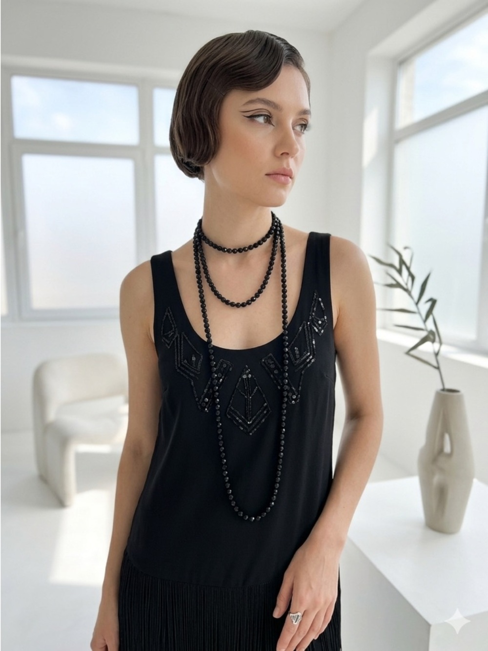 Vintage Mid-Century French Jet Black Faceted Glass Long Flapper Necklace